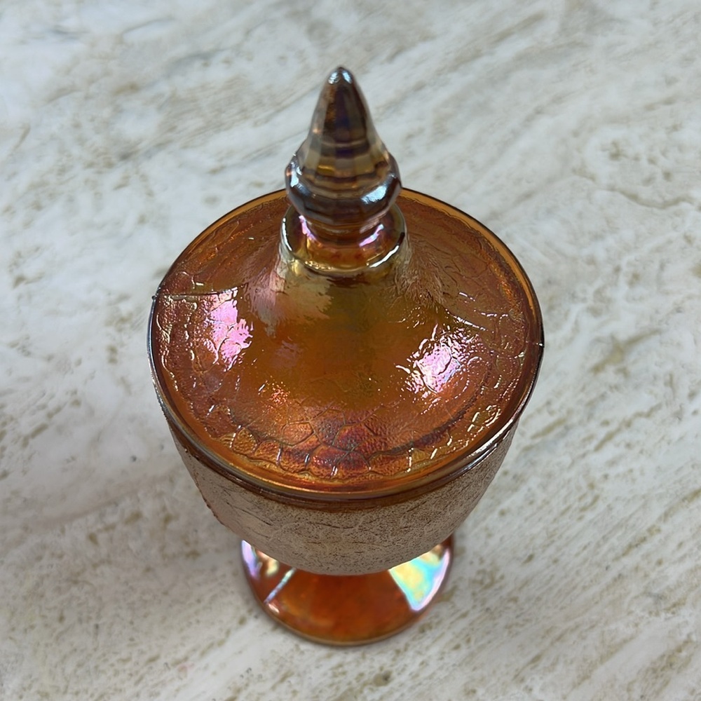 Vintage Crackle Marigold Carnival Glass Covered Footed Candy Dish - Picture 2 of 9